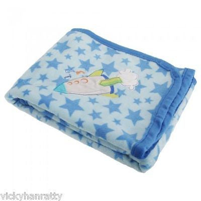 ) Baby Boys Blue Wrap Blanket With Star Pattern And Embroidered Rocket - hanrattycraftsgifts.co.uk