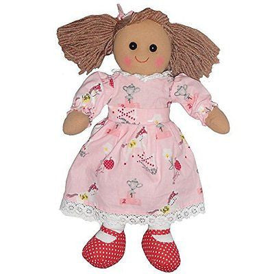 Pink pony print dress rag doll with red shoes and bows in her bunches. size 40cm - hanrattycraftsgifts.co.uk