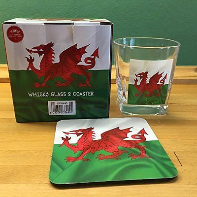 Welsh Dragon design Whisky Glass & Coaster - hanrattycraftsgifts.co.uk