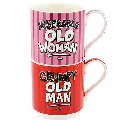 Set 2 Stacking Mugs - Grumpy Old Man & Miserable Old Woman - hanrattycraftsgifts.co.uk
