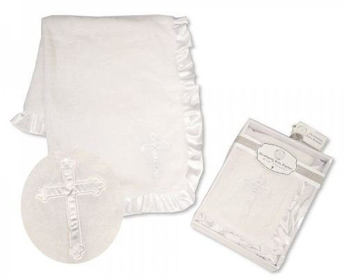 Baby White Fleece & Christening Blanket with Cross - hanrattycraftsgifts.co.uk