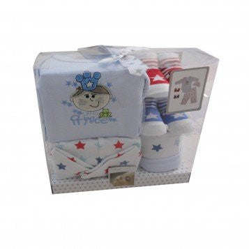 Babies' 5 piece Gift Set "Little Prince" 0-3 mths. Also comes in "Little Princess" Pink. 0-3 mths & 3-6 mths. - hanrattycraftsgifts.co.uk