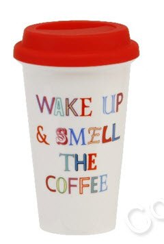 The Brighter Side Of Life Travel Mug with Silicone Lid - "Wake Up & Smell The Coffee" design - hanrattycraftsgifts.co.uk