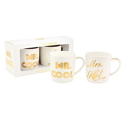 "Mr Cool & Mrs Hot" White & Gold Funny / Cheeky Duo Fine China Mug Set - hanrattycraftsgifts.co.uk