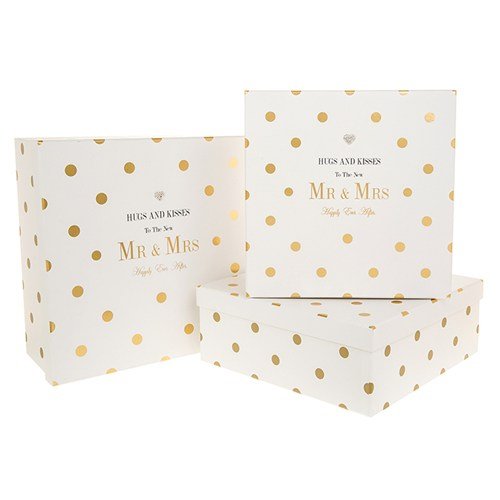 Set of 3 Storage Boxes - "Hugs & Kisses Mr & Mrs Happy Ever After" Dotty Design Wedding Keepsake - hanrattycraftsgifts.co.uk