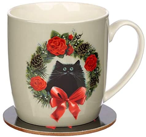 Puckator Kim Haskins Christmas Wreath Cat Porcelain Mug & Cork Coaster Set, Food Dishwasher & Microwave Safe, Home Office Work, Height 9cm Width 12cm Depth 8.5cm Coaster Diameter 10cm