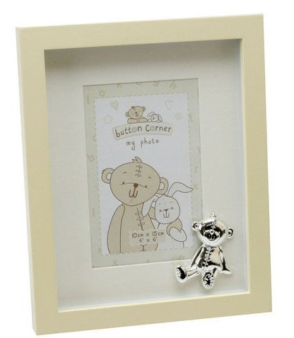 Button Corner 5x7 Photo Frame With Silver Teddy - hanrattycraftsgifts.co.uk
