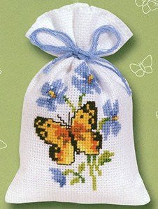 Butterfly and Blue Flowers Potpourri Bag Cross Stitch Kit - hanrattycraftsgifts.co.uk