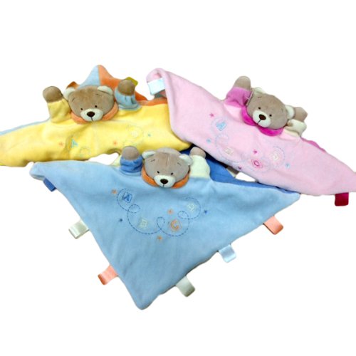 Comfort Blanket Soft Bear With colourful Tactile Ribbon Tabs - hanrattycraftsgifts.co.uk