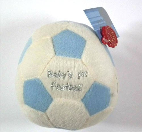 Cute white and Pale Blue Soft Football with Silver 'Baby's 1st Football' Lettering - hanrattycraftsgifts.co.uk