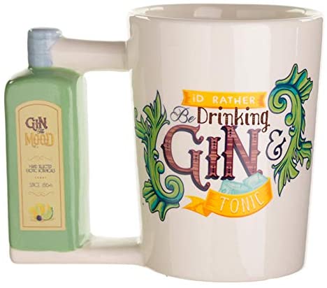 Ceramic mug with handle shaped like a gin bottle
