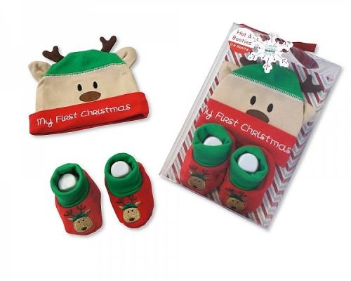 Baby Hat and Booties Christmas Gift Set - Reindeer - hanrattycraftsgifts.co.uk