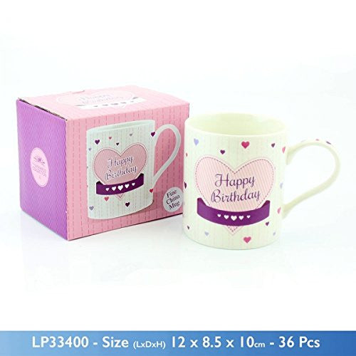 "Happy Birthday" Fine China Mug with Pink Love Heart Artwork and Matching Presentation Box - hanrattycraftsgifts.co.uk
