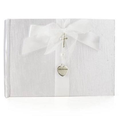 Silver Cross & Heart Christening Guest Book, gift - hanrattycraftsgifts.co.uk