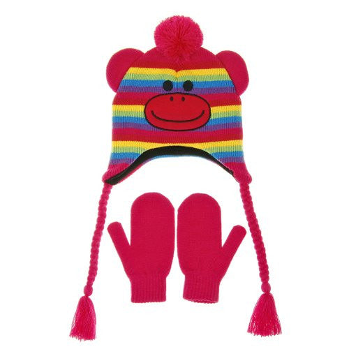Nuzzles Children's Hat & Gloves Set 5 - 9 Years Striped Monkey - hanrattycraftsgifts.co.uk