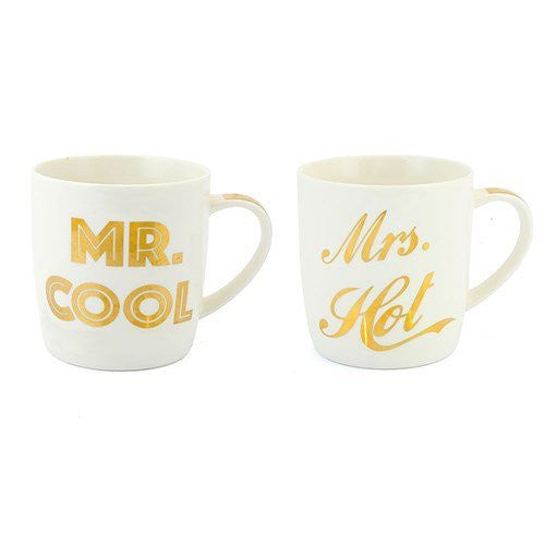 "Mr Cool & Mrs Hot" White & Gold Funny / Cheeky Duo Fine China Mug Set - hanrattycraftsgifts.co.uk
