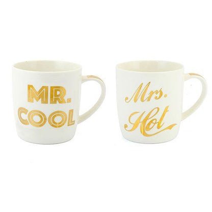 "Mr Cool & Mrs Hot" White & Gold Funny / Cheeky Duo Fine China Mug Set - hanrattycraftsgifts.co.uk