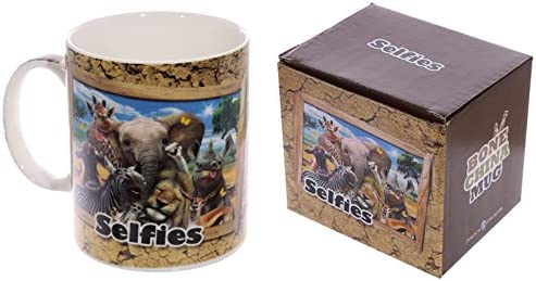 Puckator porcelain cup, selfie motif, animals, beige/blue/black/grey