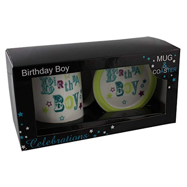 Birthday Boy Blue & Green Ceramic Mug And Coaster Set In Gift Box - For Any Age - hanrattycraftsgifts.co.uk