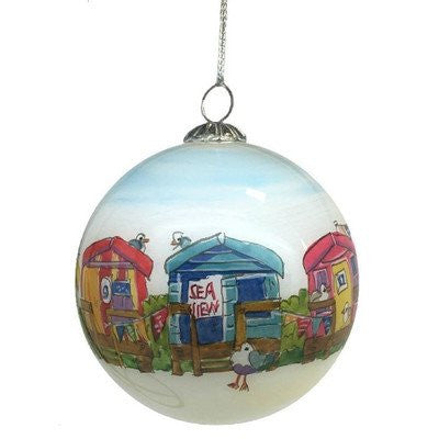 beach huts Hand Painted Glass Ball Ornament by Emma Ball - hanrattycraftsgifts.co.uk