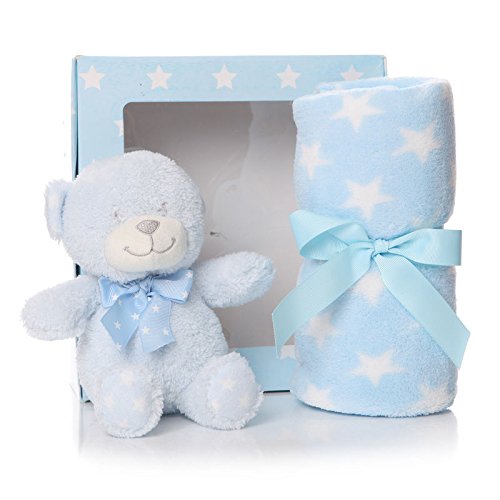 Blue Baby Blanket & Plush Teddy Bear Gift Set - Boy New Born Christening Gift - hanrattycraftsgifts.co.uk