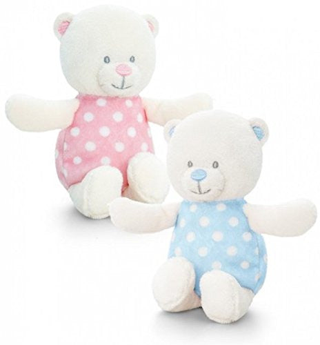 BLUE & WHITE SPOTTY Baby's bear rattle - hanrattycraftsgifts.co.uk
