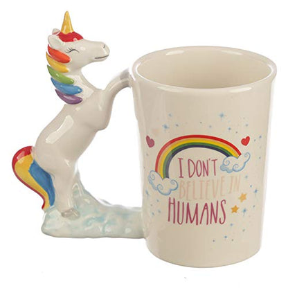 Ceramic I Don't Believe in Humans Unicorn Shaped Handle Mug - hanrattycraftsgifts.co.uk