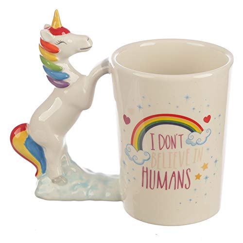 Ceramic I Don't Believe in Humans Unicorn Shaped Handle Mug - hanrattycraftsgifts.co.uk
