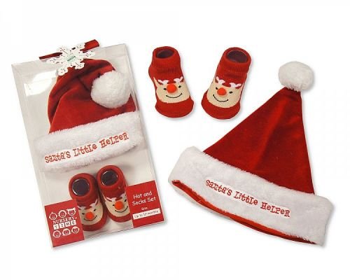 Baby Hat and Socks Christmas Gift Set - Santas Little Helper - hanrattycraftsgifts.co.uk