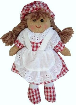 ragdoll with red check dress and hat and gift bag - hanrattycraftsgifts.co.uk