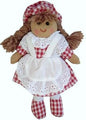 ragdoll with red check dress and hat and gift bag - hanrattycraftsgifts.co.uk