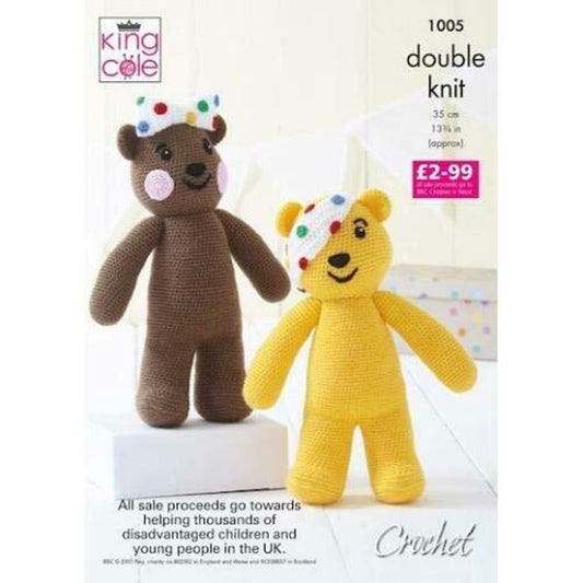 King Cole DK Yarn Soft Toy Crochet Pattern - 1005 Pudsey & Blush 35cm