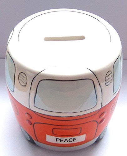White and Orange Ceramic Camper Van Money Box with 'PEACE' on the Front - hanrattycraftsgifts.co.uk