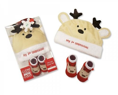 Baby Hat and Socks Christmas Gift Set - Reindeer - hanrattycraftsgifts.co.uk