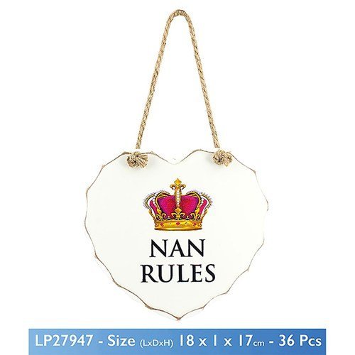 White "Nan Rules" Love Heart Shaped Sentimental Hanging Plaque - hanrattycraftsgifts.co.uk