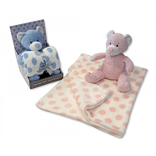 Baby boys blue Soft Teddy Bear & Polkadot Blanket - Boxed Gift Set - hanrattycraftsgifts.co.uk