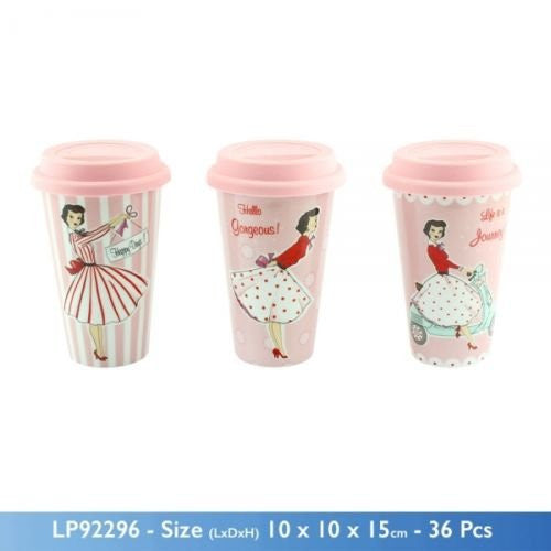 Leonardo Mrs Smith Pink Retro Travel Mug Double Wall Insulation with a Silicon Lid - hanrattycraftsgifts.co.uk