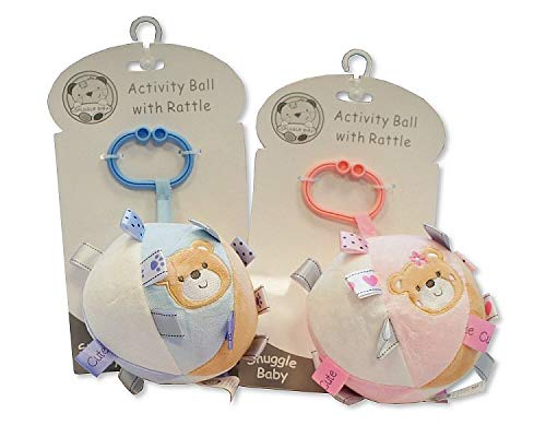 Baby soft activity Toy Ball with Rattle. A Gift for baby shower. Blue or Pink - hanrattycraftsgifts.co.uk