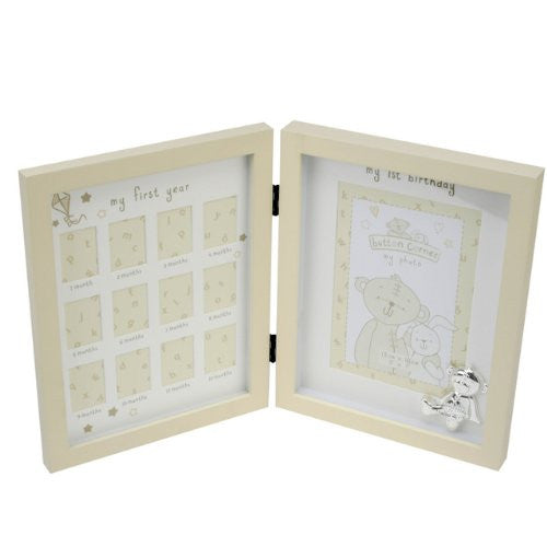 Button Corner MDF Photo Frame & Metal Icon "My First Year" - hanrattycraftsgifts.co.uk