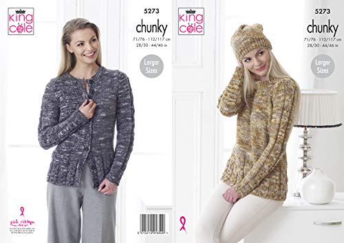 King Cole Ladies Chunky Knitting Pattern Womens Cabled Sweater Cardigan & Hat (5273) - hanrattycraftsgifts.co.uk