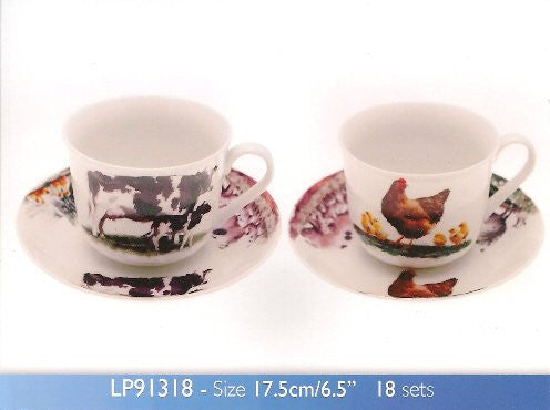 Macneil Studios Farmyard China Cup & Saucer in Picture Gift Box Cow Horse & Foal Hen Sheep - hanrattycraftsgifts.co.uk