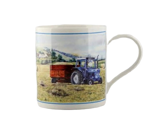 Cachet Blue Tractor & Grain Trailer Fine Art Watercolour China Gift Mug - hanrattycraftsgifts.co.uk