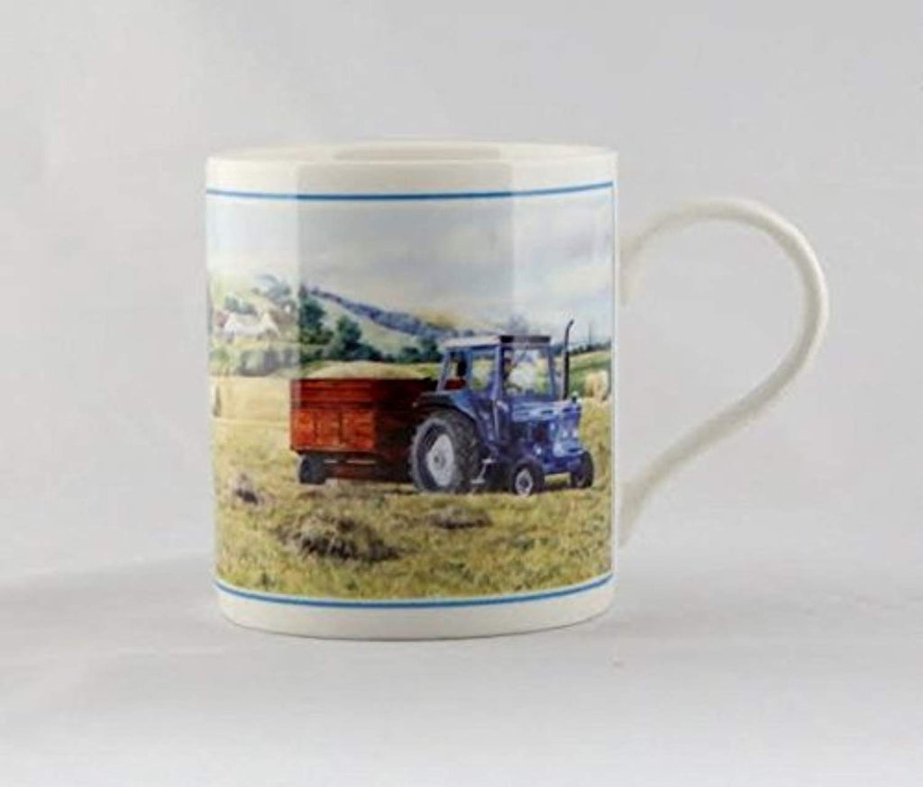 Cachet Blue Tractor & Grain Trailer Fine Art Watercolour China Gift Mug - hanrattycraftsgifts.co.uk