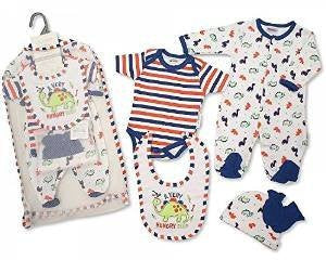 Brand New Baby Boys 5piece Gift Set Sleepsuit, Vest, Bib, Hat & Mitts Hungry Dinosaur 3 sizes (Newborn) - hanrattycraftsgifts.co.uk