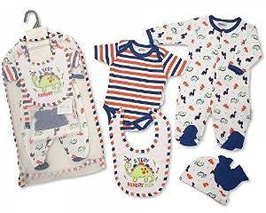 Brand New Baby Boys 5piece Gift Set Sleepsuit, Vest, Bib, Hat & Mitts Hungry Dinosaur 3 sizes (3-6mths) - hanrattycraftsgifts.co.uk