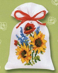 Sunflowers, Lavender and Poppies Potpourri Bag Cross Stitch Kit - hanrattycraftsgifts.co.uk