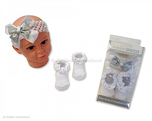 Nursery time Baby Headband and socks set - white /Silver Bow - hanrattycraftsgifts.co.uk