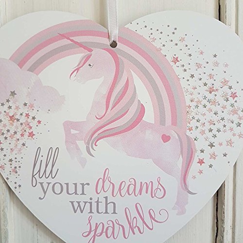 SET OF 2 MAGICAL WISHES AND UNICORN KISSES FILL YOUR DREAMS RAINBOW SPARKLY HEART PLAQUES - hanrattycraftsgifts.co.uk