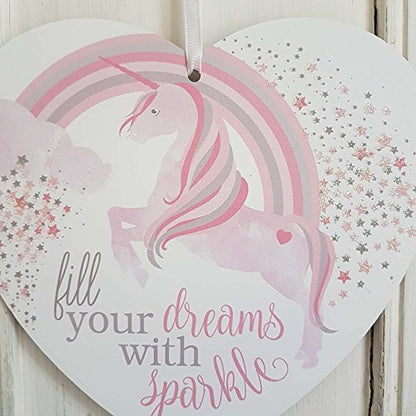 SET OF 2 MAGICAL WISHES AND UNICORN KISSES FILL YOUR DREAMS RAINBOW SPARKLY HEART PLAQUES - hanrattycraftsgifts.co.uk