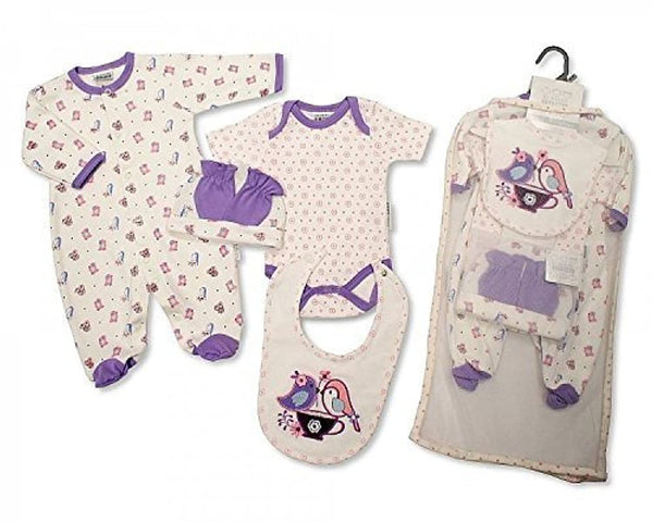 Brand New Baby Girl Jersey Cotton 5 Piece Clothing Gift Set Sleepsuit, Vest, Bib, Hat & mitts Pink Birds 3 Sizes (0-3mths)